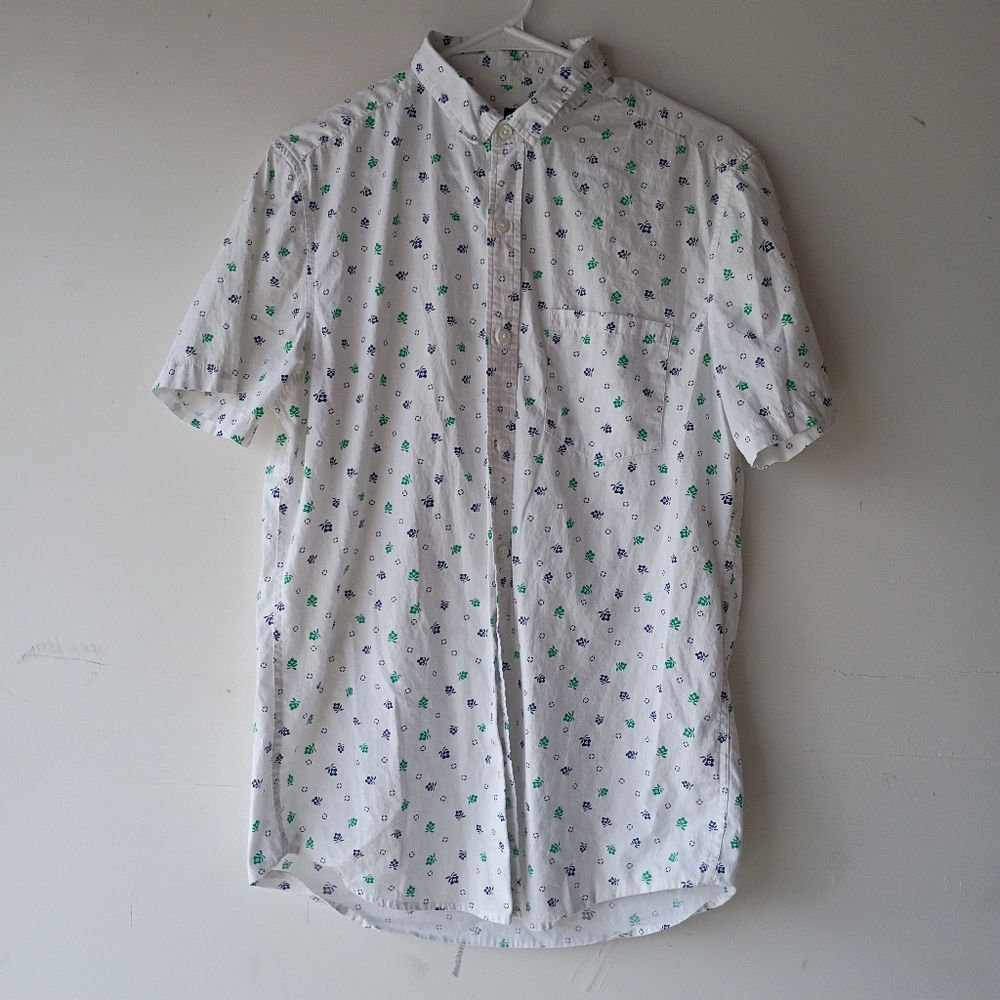 Topman White Floral Print Button-Up Short Sleeve Shirt Men’s Medium